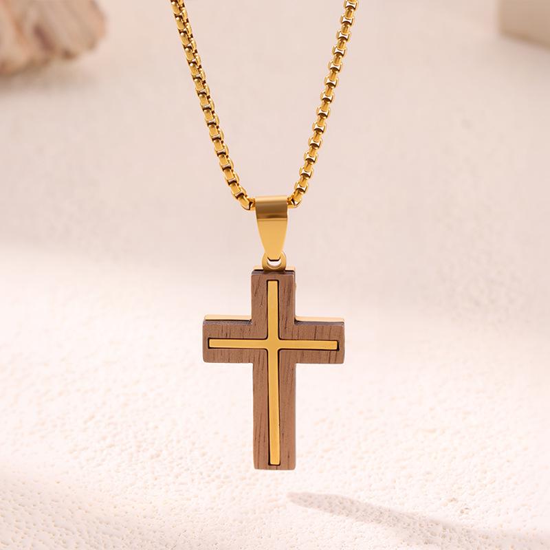 Bestselling Men's Two-Tone Wooden Cross Titanium Steel Dog Tag Necklace