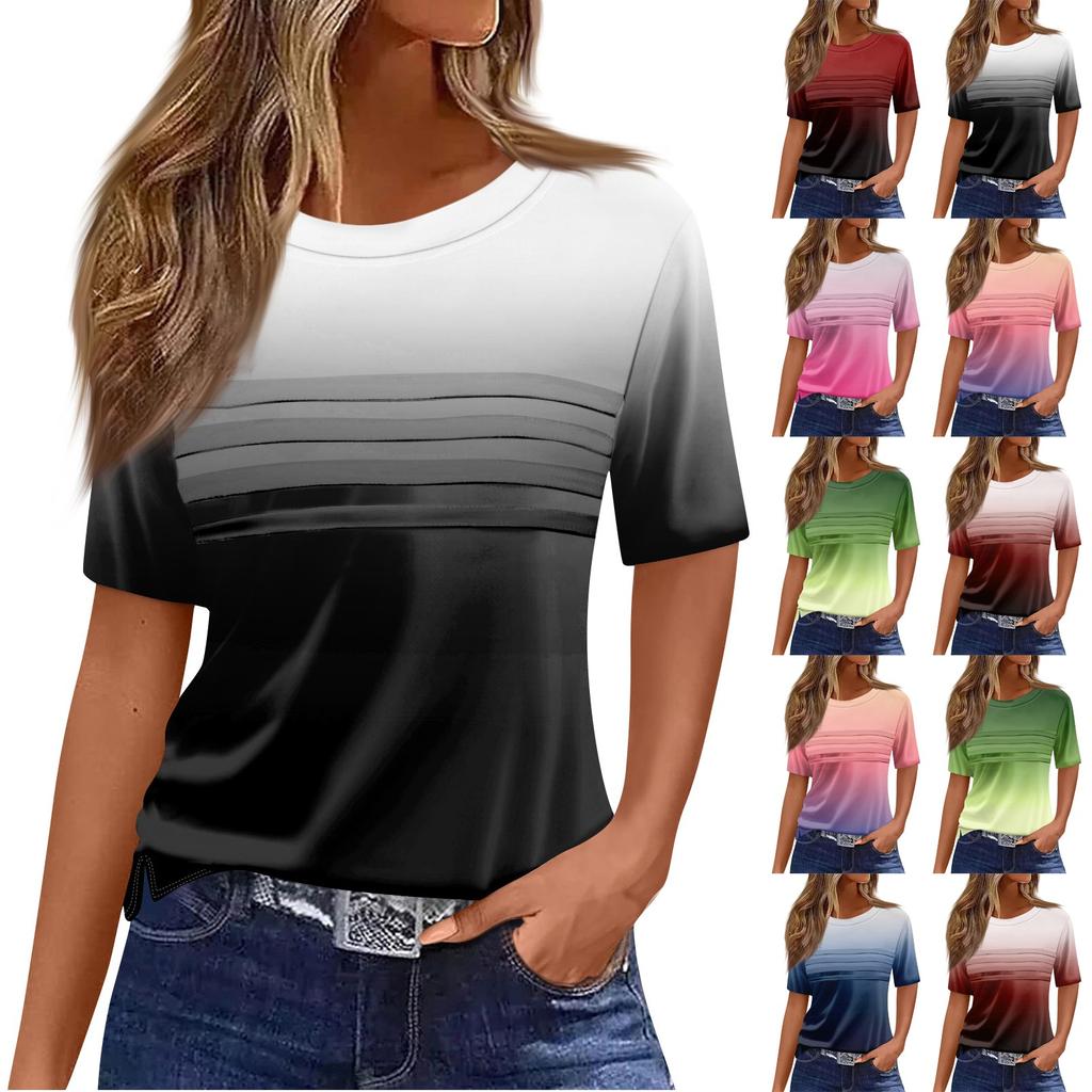 Women's Pleated Round Neck Gradient Print Short Sleeve T-shirt Hem Slit Top