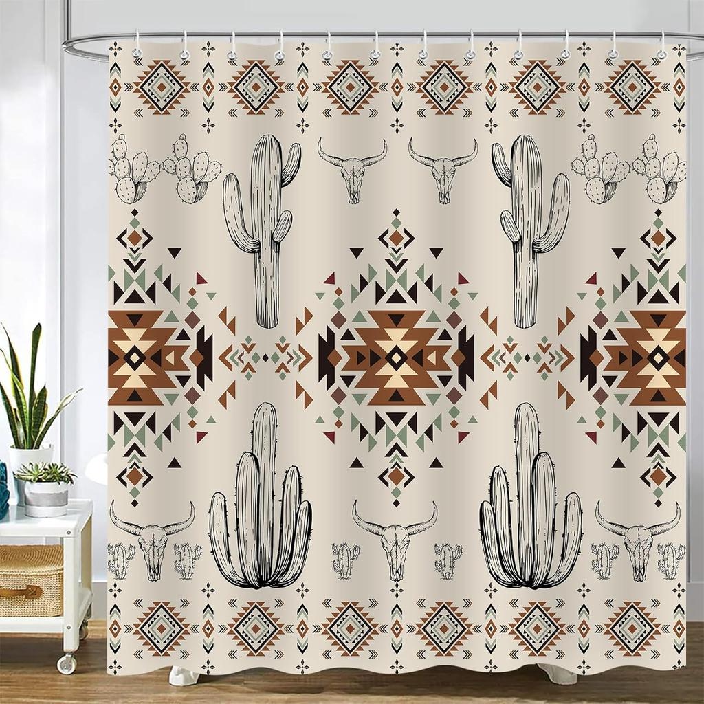 Western Country Tribal Geometric Cactus Shower Curtain Bathroom Decoration Polyester Waterproof Shower Curtain with 12 Hooks