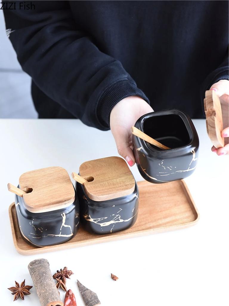 Matte Marble Pattern Ceramic Kitchen Spice Jar Oiler Set Wooden Cover Salt Shaker Spice Jar Kitchen Condiment Storage Rack Set