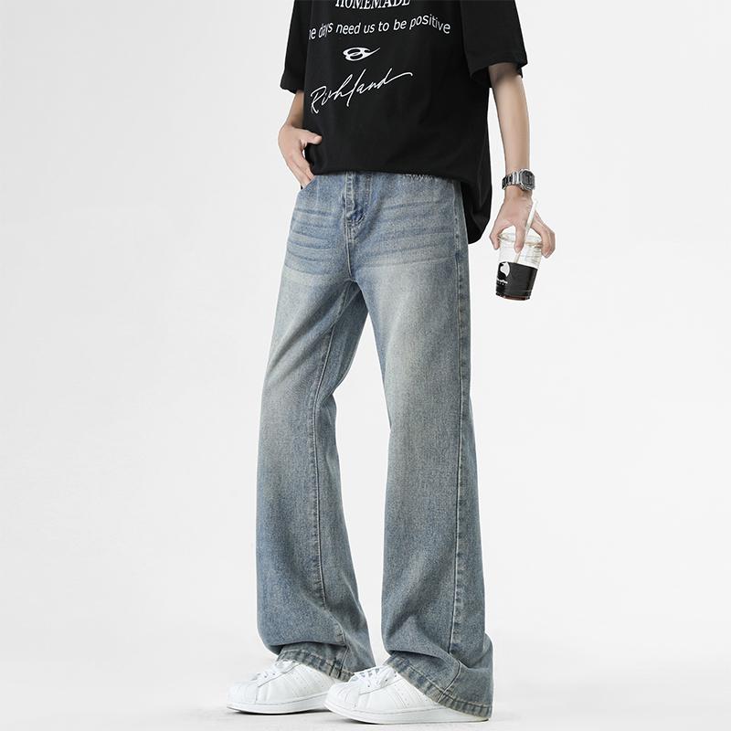 Mikro-Schlag Washed Bodenlange Jeans Einfarbig Retro Hongkong-Stil Locker Gerade Hose Arbeitskleidung Freizeithose Herrenhose