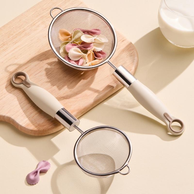 Stainless Steel Mesh Filter Spoon Juice Soybean Milk Strainer Plastic Handle Flour Sieve Colander Kitchen Baking Utensils