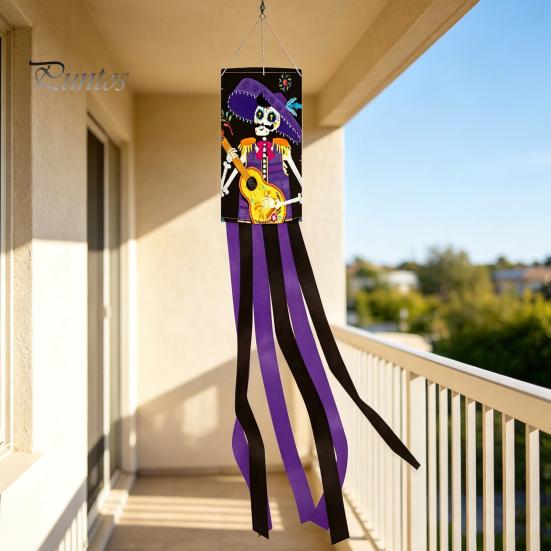 Layered Festive Scene Setup Day of The Dead Windsocks, Dia De Los Muertos Hanging Flag, Floral Windsock Skull Wind Socks with Flowing Tails for Front