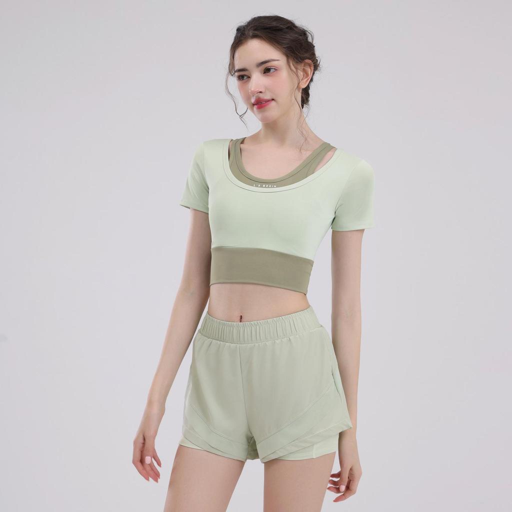 Women's Short Sleeve Yoga Set: Summer Style Workout Top with Chest Pad for Pilates, Training, and Running.