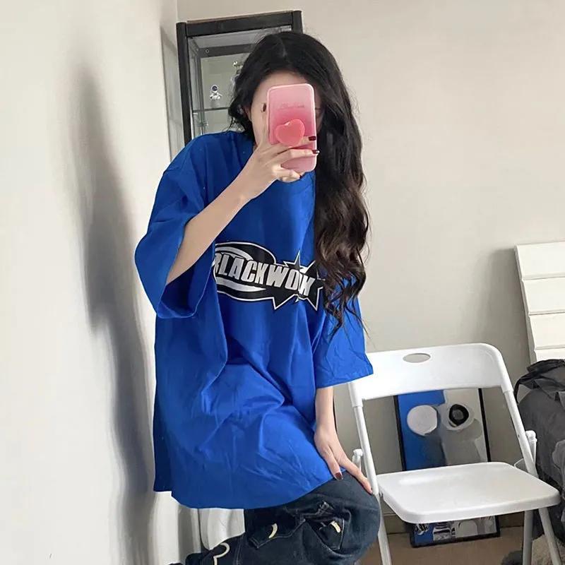 

летние женские футболки с буквенным принтом для девочек, harajuku, чистый хлопок, с круглым вырезом, свободные, повседневные, Y2K, топы, футболки с графическим принтом, черные, синие, уличная одежда 2XL синий