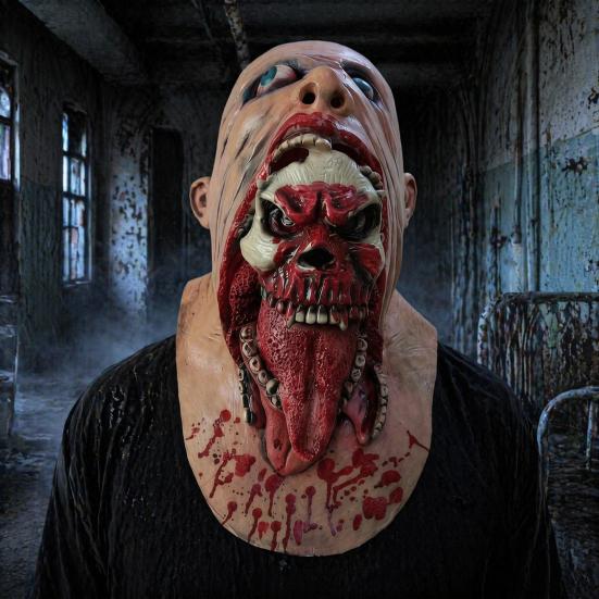 Latex Horror Mask Halloween Skull Mask, Tongue Sticking-Out Full Head Cosplay Masquerade for Party Costume Props Comfortable