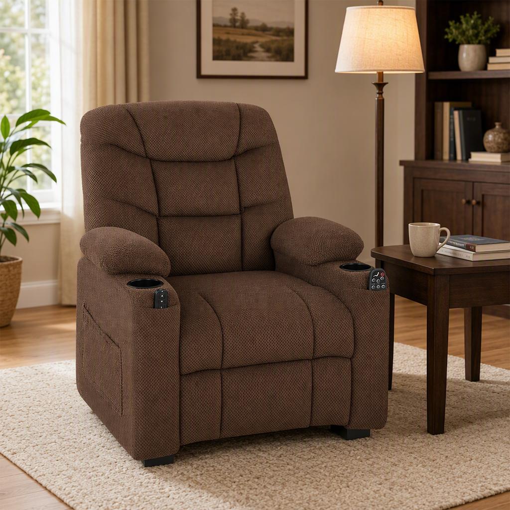 Electric Reclining Relax Chair With Lumbar Heat Vibration Massage Silent Motor Memory Function USB Pockets Brown