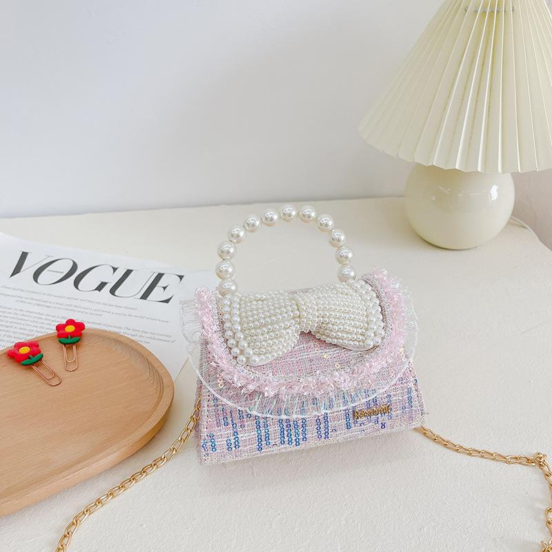 Kids Fashion Bag Cute Bowknot Side Crossbody Bags For Girls Pearl Tote Hand Bag Baby Messenger Bags Toddler Purse