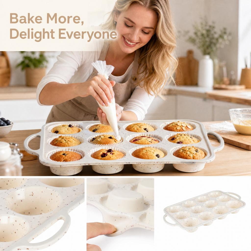 12-Cup Silicone Muffin Pan with Reinforced, Non-Stick Coating, Food-Grade Silicone, Easy Release, Dishwasher Oven and Freezer, Also for Egg Molds