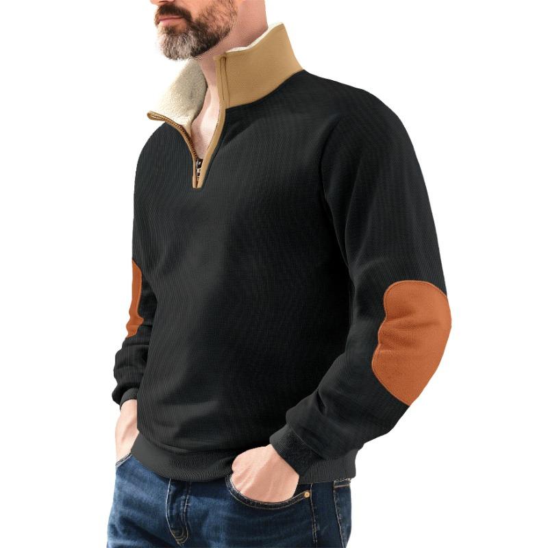 Half Zipper Sweatshirt for Men In Autumn and Winter American Lamb Wool Stand Collar Embroidered Plus Velvet Sweatshirt