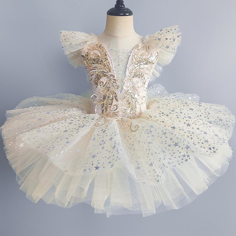 Romantico Tutu da Ballo per Bambini Abito Gonna da Ballo da Ragazza Gonna da Ballo con Paillettes Oro Abito da Ballo Lungo da Principessa per Esibizioni
