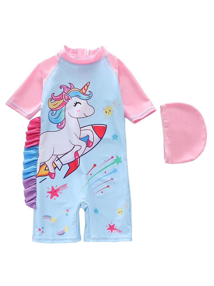 2026 Girls' One-Piece Swimsuit: Cute, Sun-Protective, Short Sleeves, Shorts for Surfing & Pool Activities