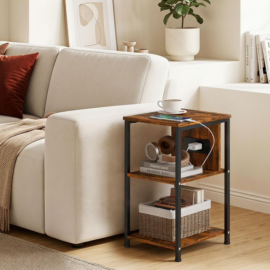 Side Table with Charging Station and 2 Open Shelves, Tiger Wood Look