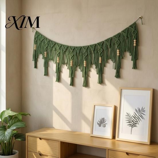Textured Wall Decor Boho Garland Hanging with Wooden Beads, Hand Woven Cotton Tassel Banner, Knotted Tapestry Nordic Window Tapestry, Bohemian