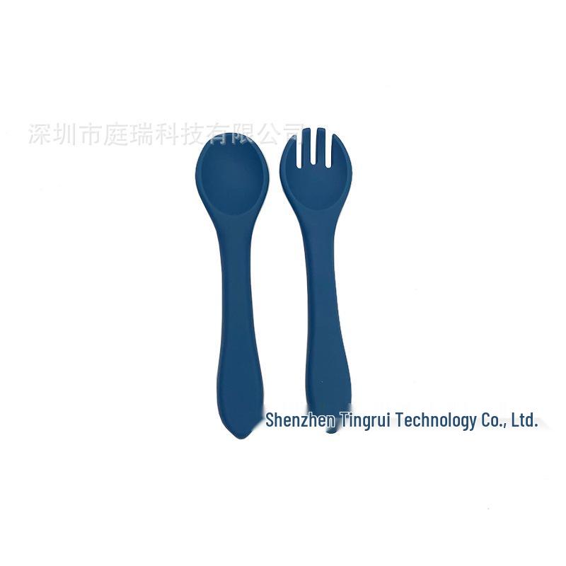 Child's Wooden Handle Silicone Fork & Spoon Set for Learning to Eat