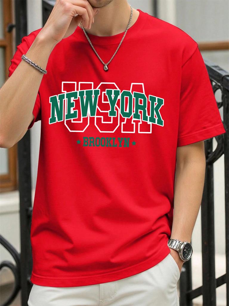 Usa New York Brookl Yn Print Mens T Shirts Hip Hop AllMatch Tops Casual Cotton Vintage Clothes Male Loose Crewneck Streetwear