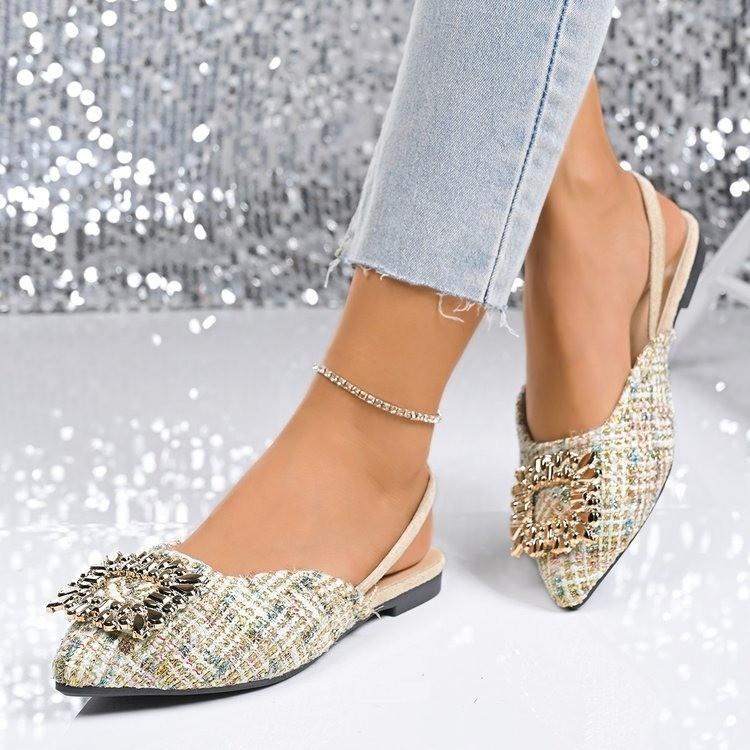 Baotou Sandals Women's New Rhinestone Square Buckle Rear Low Heel Pointed Single Shoes