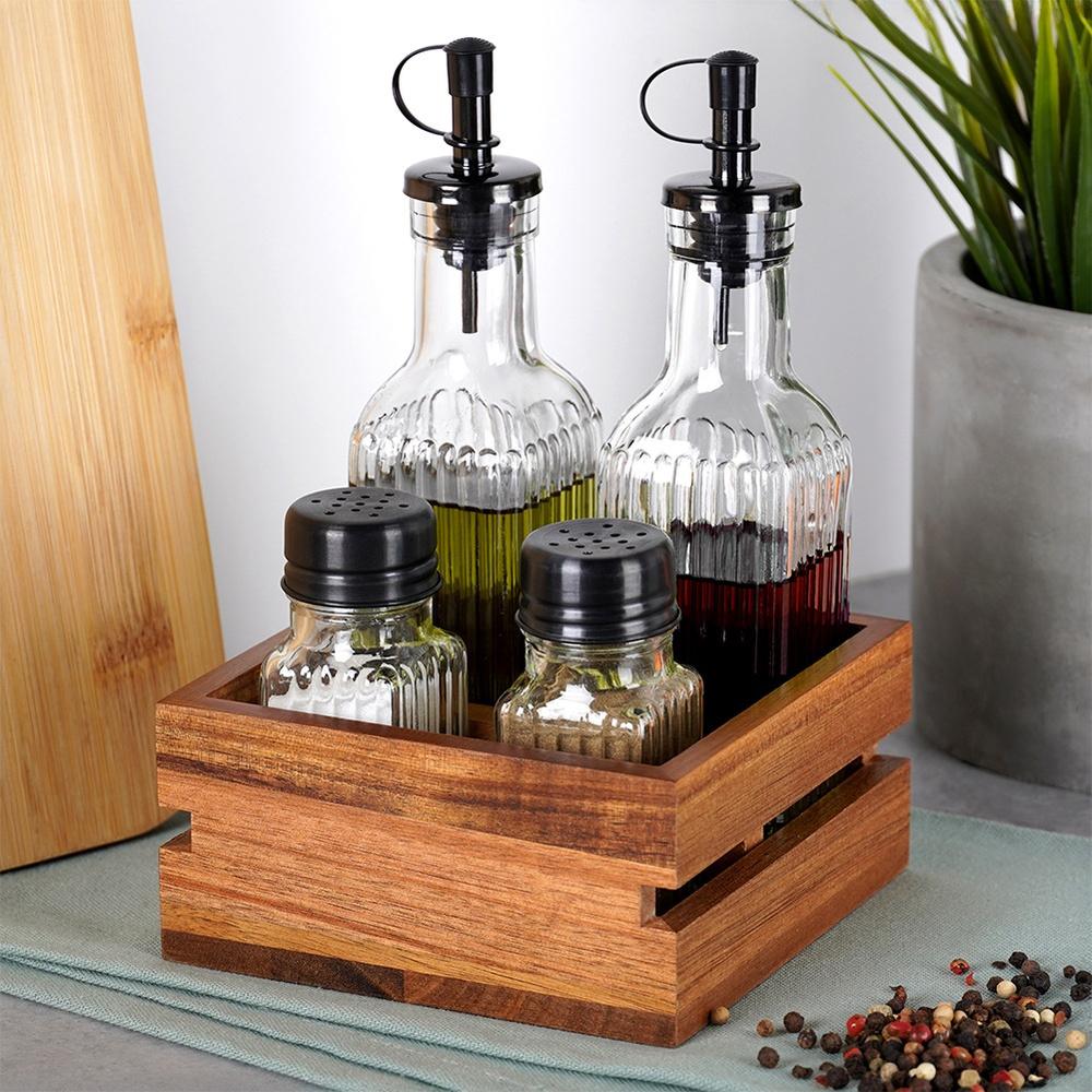 Table Seasoning Set Salt Pepper Oil Vinegar Containers In Stand
