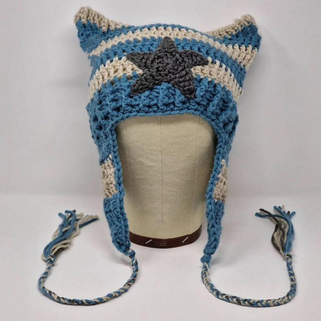 Cat Ear Beanie Hat for Women Harajuku Style Star Patched Earflap Hat Handmade Crochet Hat Y2K Sweet Winter Warm Headwear