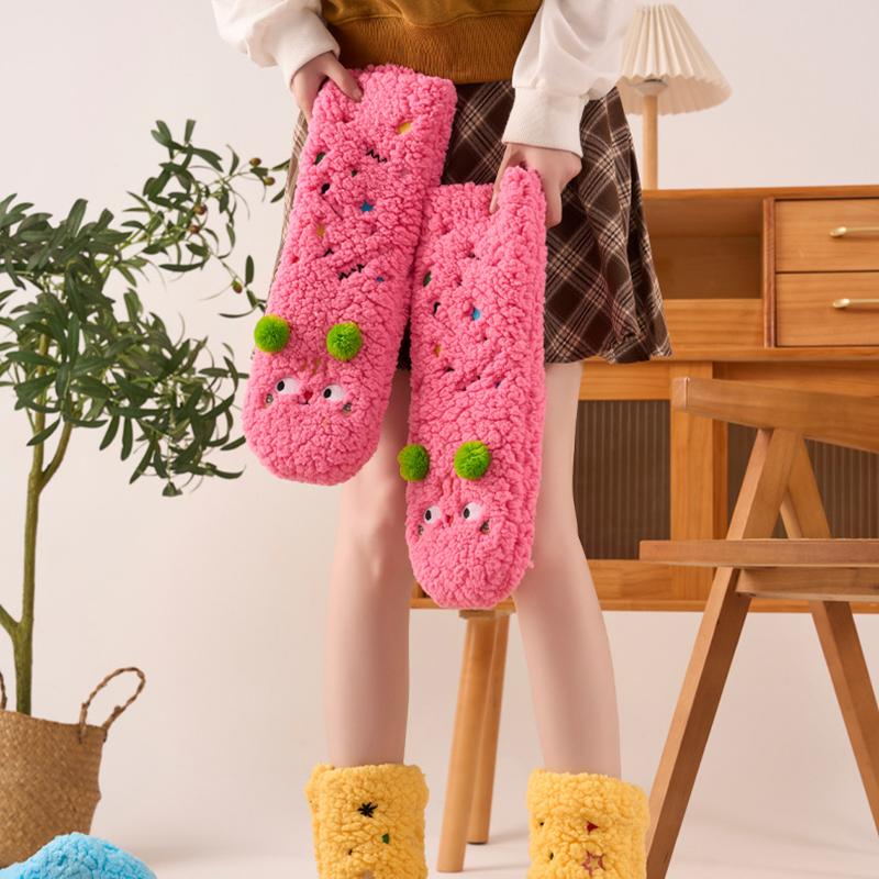 1 Pair Thigh-Long Sock Non-Slip Sherpa Material One Size Lounge Wear Funny Embroidery Design Thick Floor Socks Warmth Multi-Color