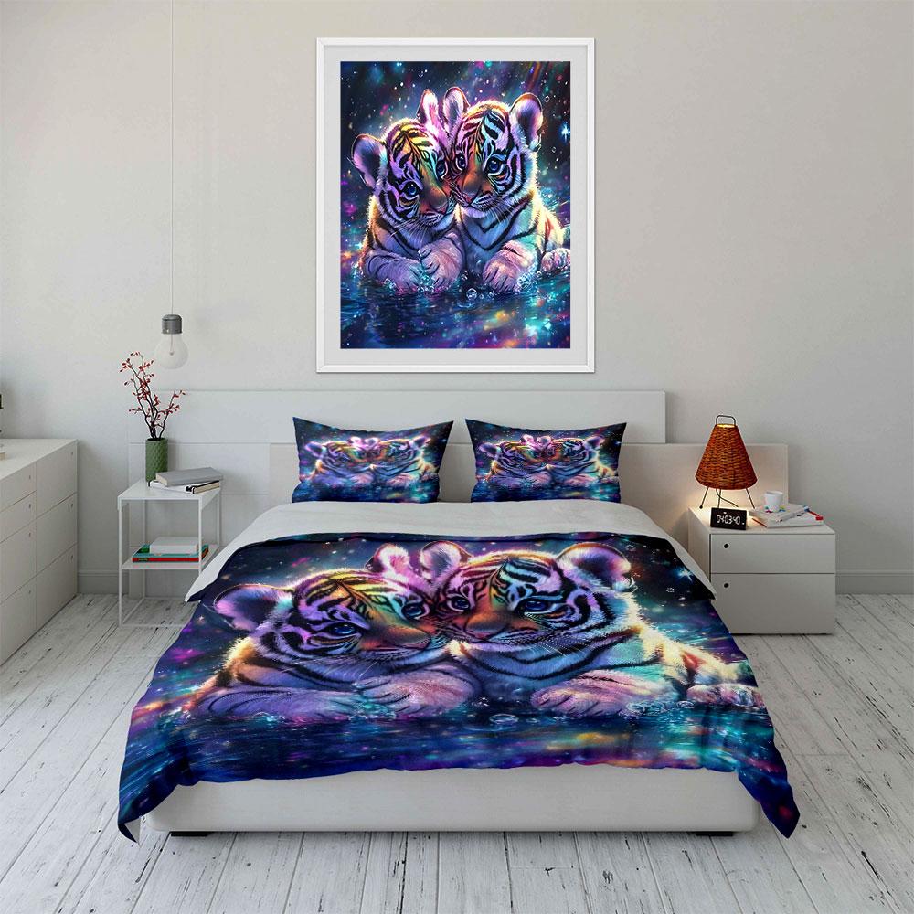 Colorful Tiger Cubs In Water Bedding Duvet Cover Set  (1*Duvet Cover 2*Pillowcases, Without Duvet Insert)