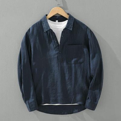 Japanese Retro Long-sleeved Linen Shirt Men Summer New Loose Pullover Square Collar Cardigan Casual Cotton Linen Top