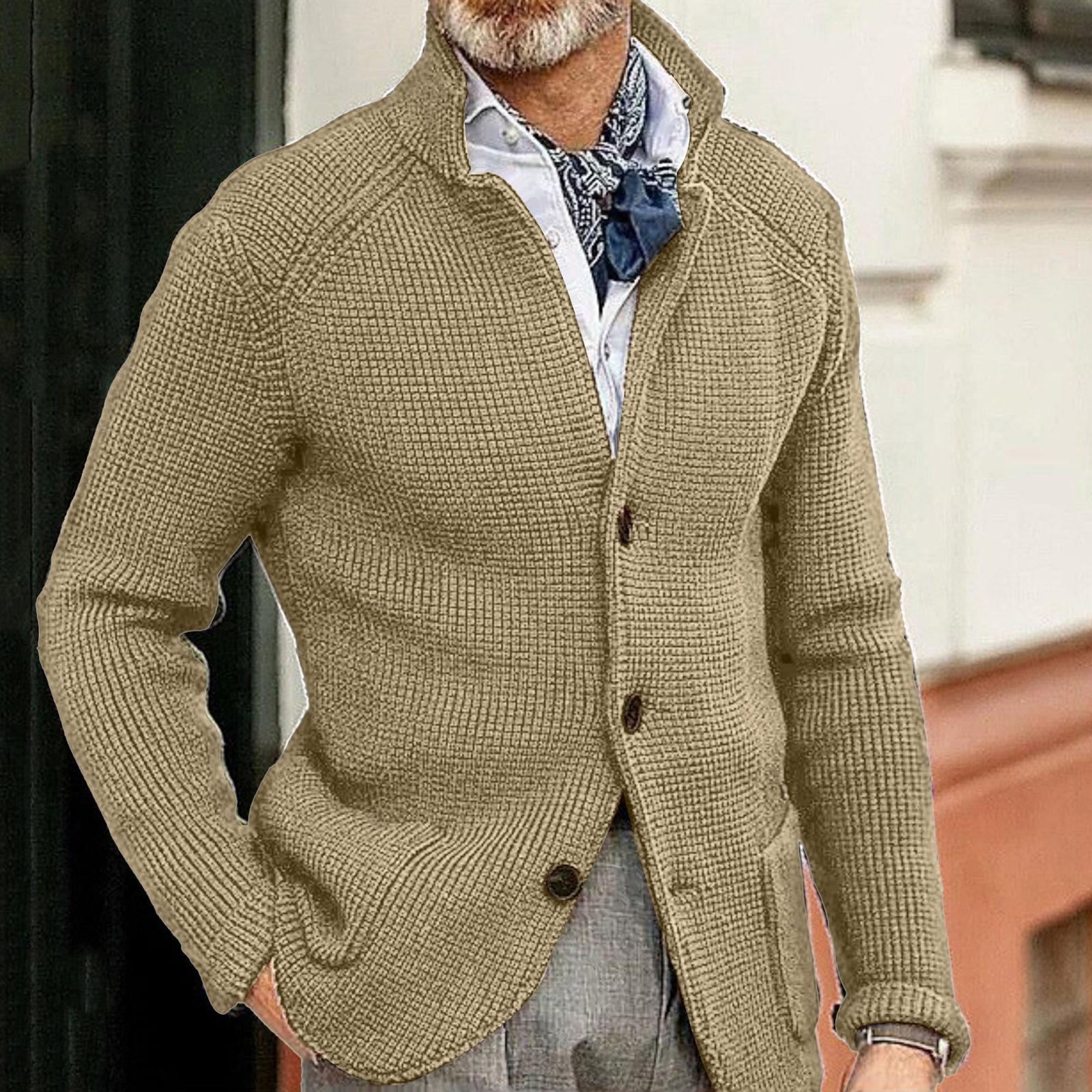 

Men s Casual And Trendy -color Warm Sweater Jacket, Men s Long-sleeved Button-up Stand-up Neck Knitted Sweater M хакі