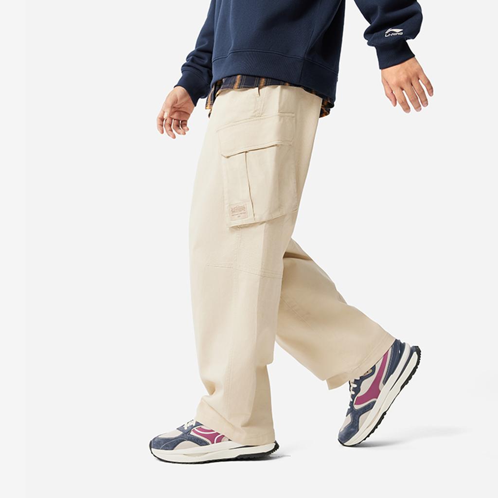 Li Ning Sports Lifestyle Series American Retro Fashion Versatile Solid Color Early Spring Mid Waist Straight Leg Cargo Pants Men Bottoms AKXV133-1