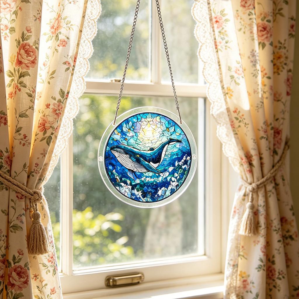 Acrylic Sun Catcher Window Hanging Decoration with Whale Design 2D Circular Shape Pendant for Indoor Outdoor Display and Home Ornament