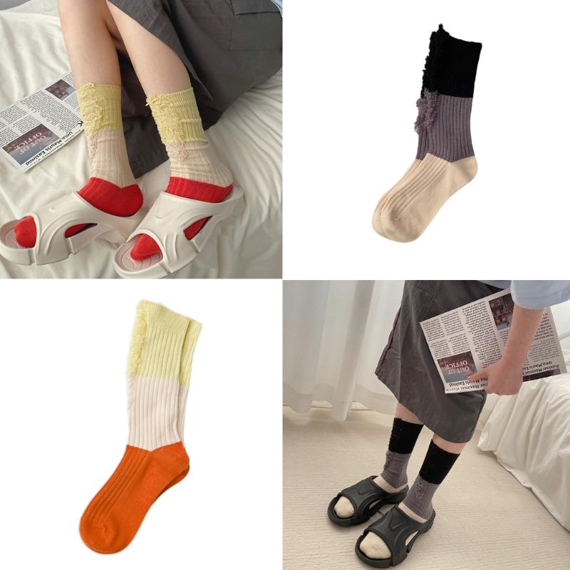 Women Men Ripped Destroyed Crew Socks Harajuku Personality Hollow-Out Holes Tassel Colorblock Cotton Calf High Socks