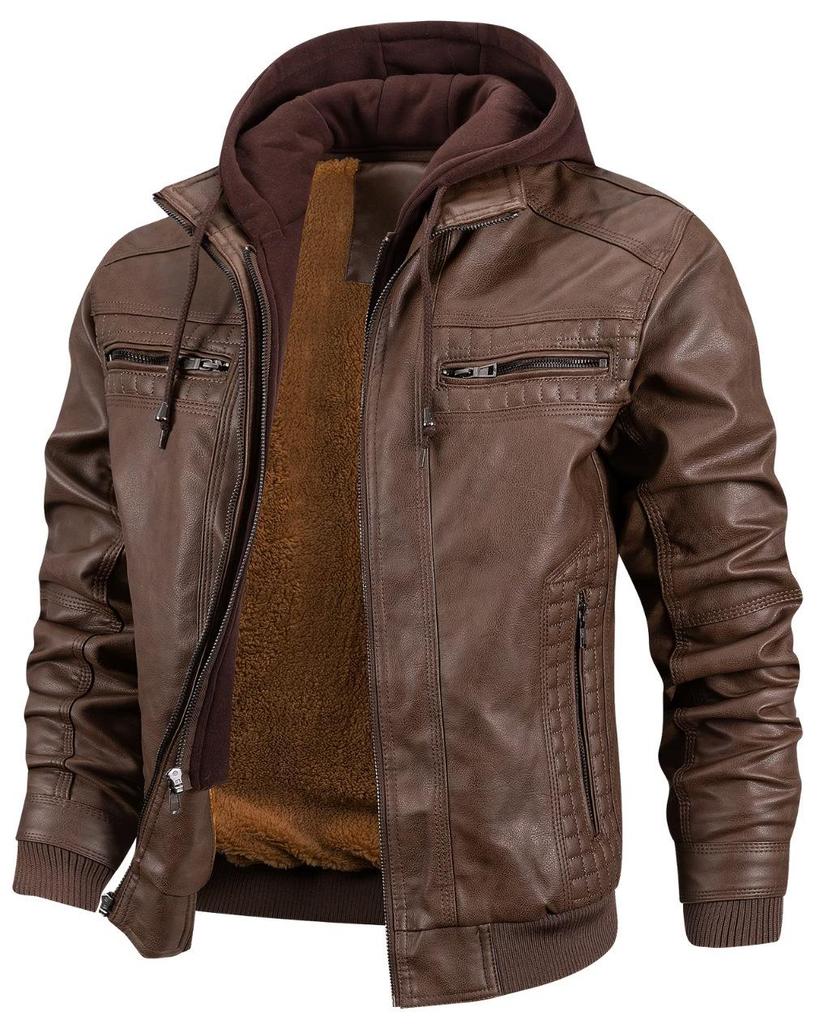 Men's PU Leather Hooded Jacket - European & American Style, Autumn/Winter Motorcycle Design