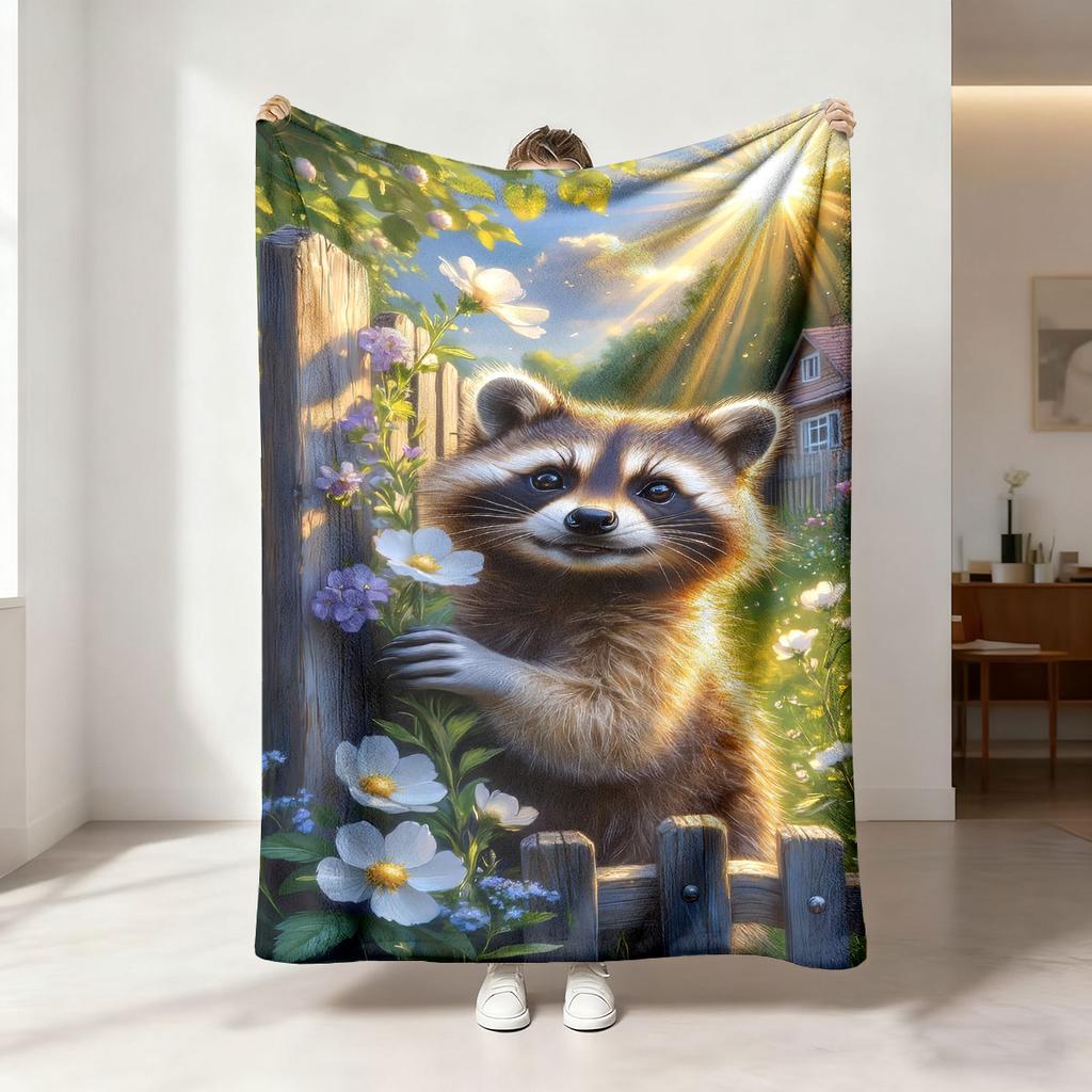1Pc Cartoon Cute Raccoon Printed Flannel Blanket Multi Size Soft Casual Cover Carpet Gift Blanket Machine Washable