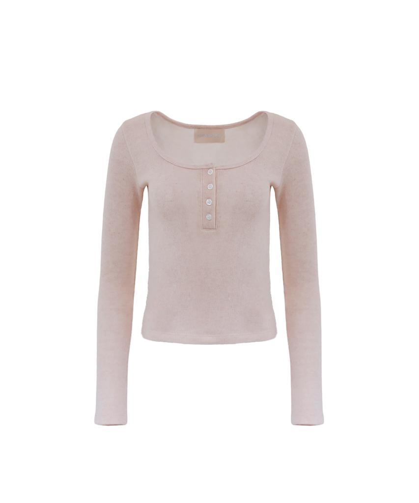 Odeuwonaus Button Melange Knit Top Peach
