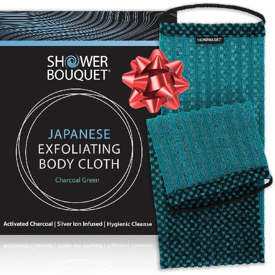 Japanese Exfoliating Washcloth for Back & Body - Charcoal & Silver Ion Exfoliating Towel - Two-Sided Gentle Exfoliation