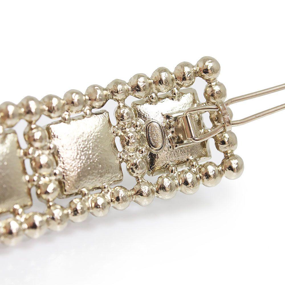 Used Chanel Coco Mark Pearl Stone Square Barrette Clip Hair Accessory Gold (Unused Storage Item)