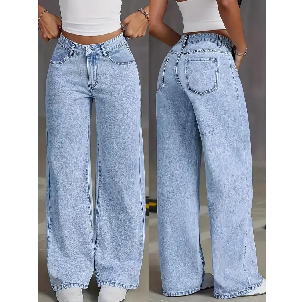 Plus Size Women s Wide-Leg Light Wash Denim Jeans - European & American Style XL небесно-голубой