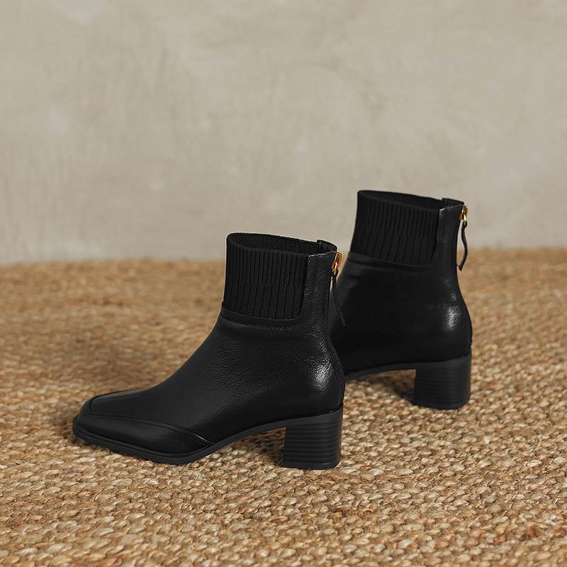 Krazing Pot Sheepskin Autumn Winter Shoes Thick Heels Size 42 Square Toe Zipper Knitwear Vintage Ankle Boots