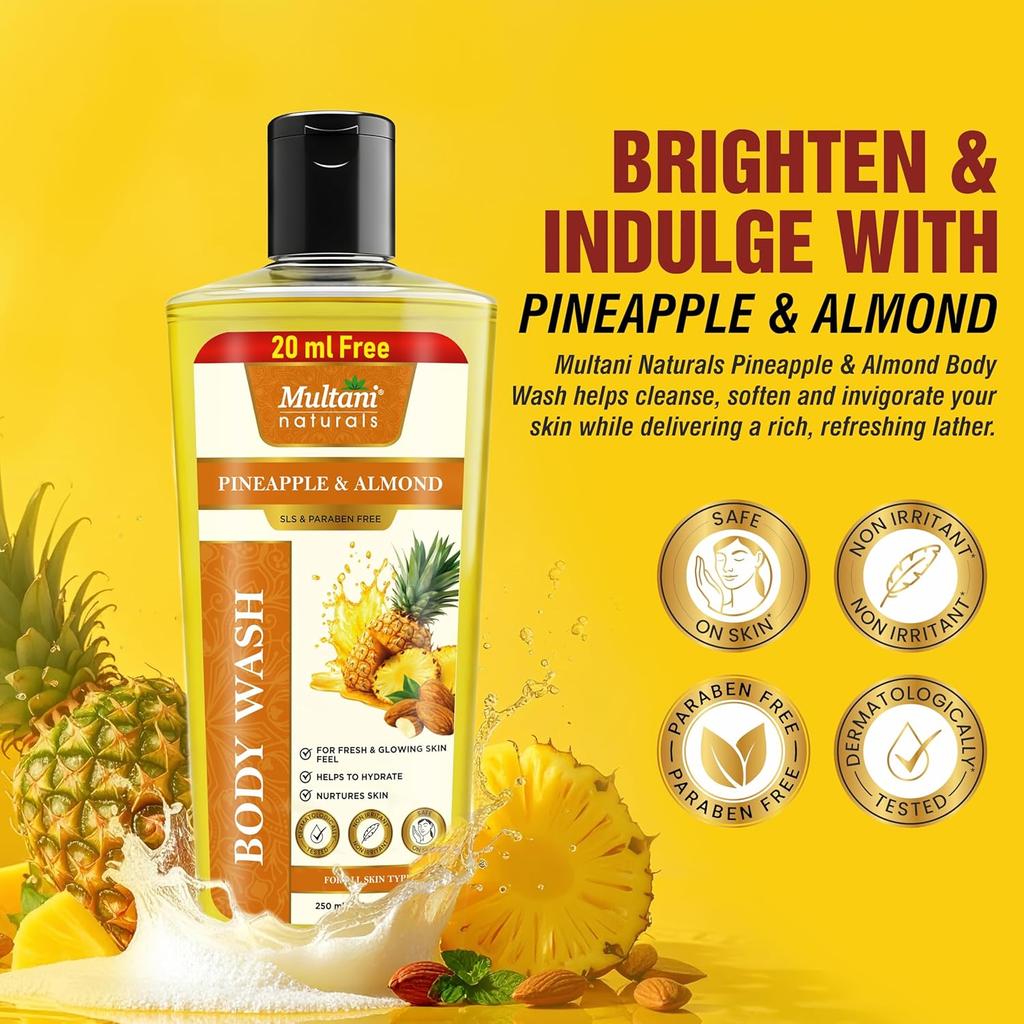Multani Naturals Pineapple & Almond Body Wash 270 Ml Gentle Moisturizing Cleanser For All Skin Types Paraben Sulphate Free