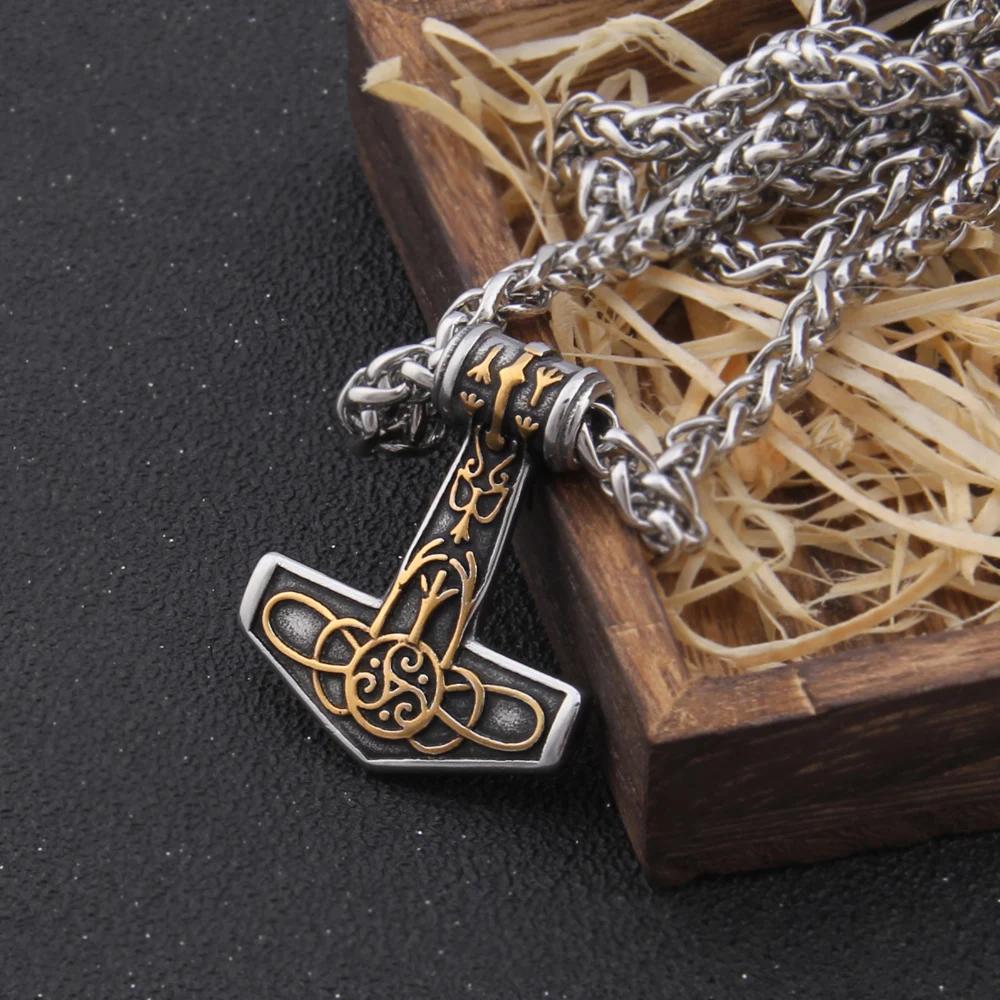 Fashion Valknut Viking Thor's Hammer Pendant Necklace With keel Chain As Men Gift with wooden box