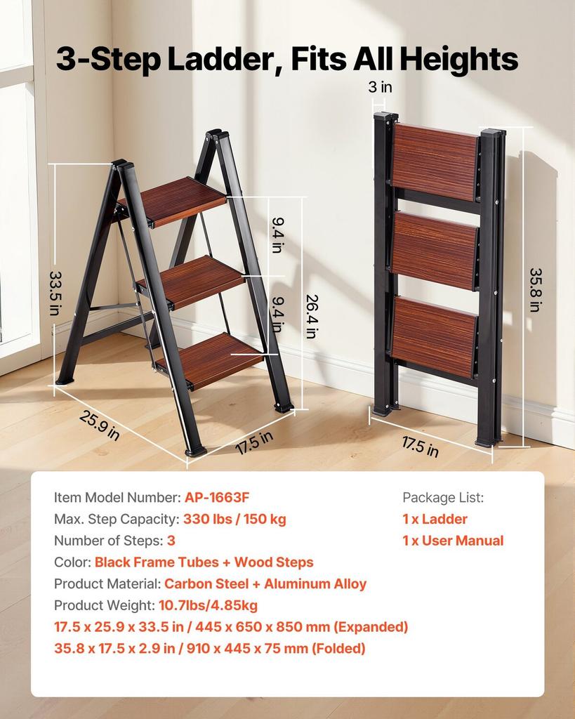 3 Step Ladder, Folding Step Stool with Wide Anti-Slip Pedal and Comfort Handgrip, Lightweight 150 kg Capacity Portable Aluminum Plant Support,