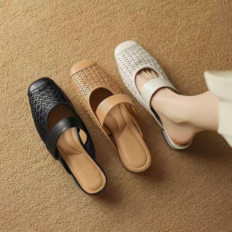 Black Summer New Style Women Sandal Pointed Toe Shallow Slip On Ladies Elegant Slingback Shoes Thin Med Heel Dress Mules