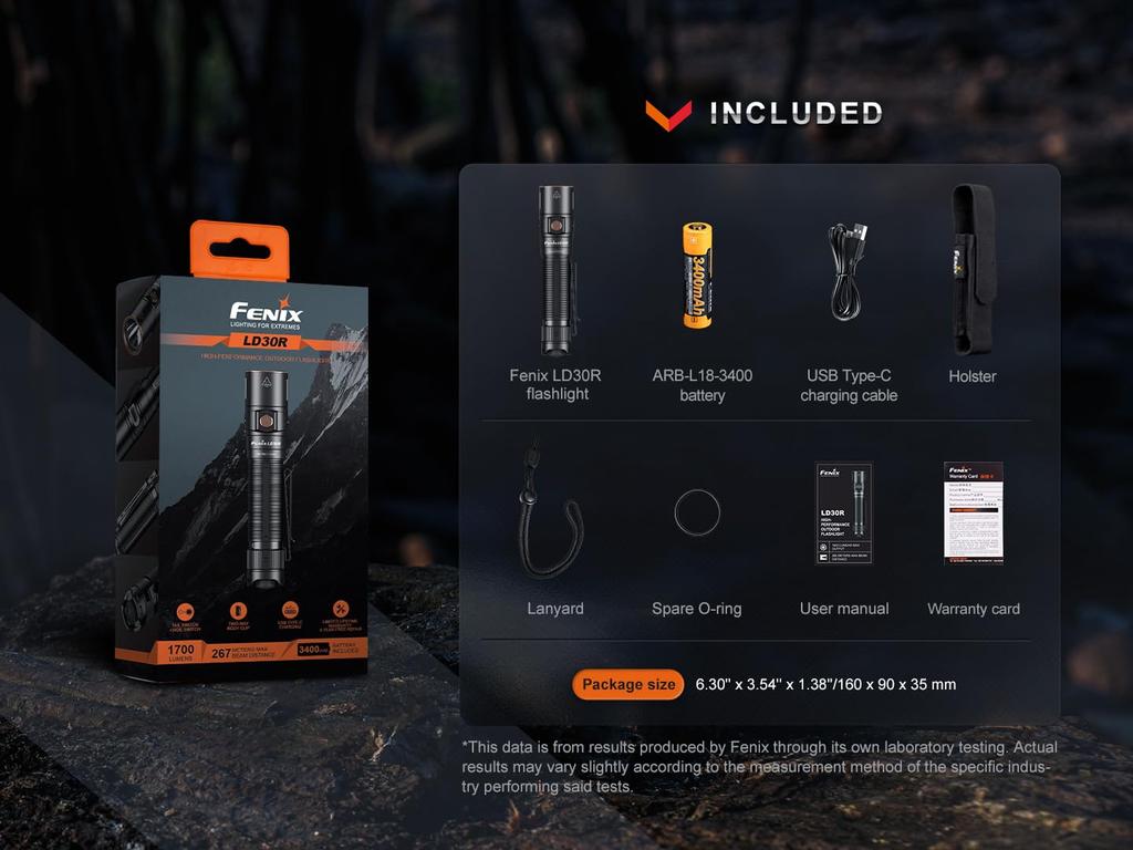fenix LD30R Rechargeable Compact LED Torch 1700 Lumens 267m Up to 750 Hours Charging Port 18650 1 Lumen Moonlight Mode IP68 Black Ultra-Bright