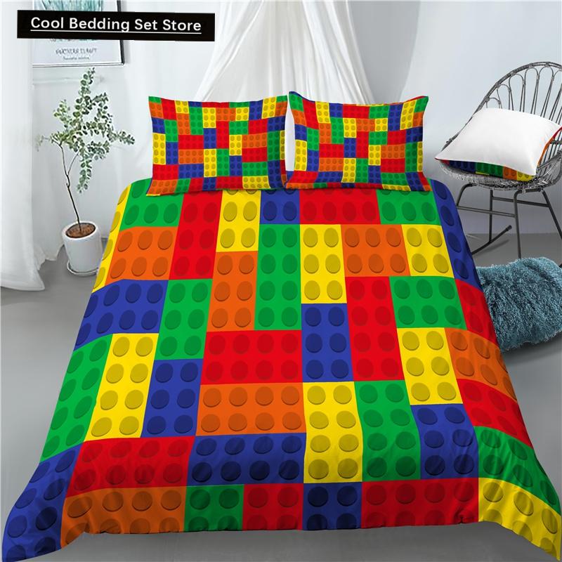 Colorful Toy King Queen Duvet Cover 3D Building Block Pattern Bedding Set Fun Brick Quilt Cover Gradient Rainbow Comforter Cover