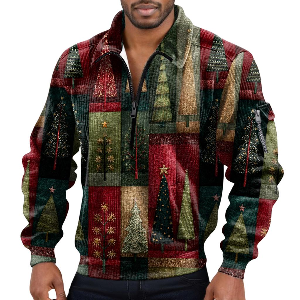 Men's Solid Color Corduroy Zipper Neck Long Sleeve Top Men's Casual Lapel Top