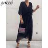 BITCED Fashion Summer Spring Solid Color Print 3/4 Sleeves V-Neck Casual Dresses