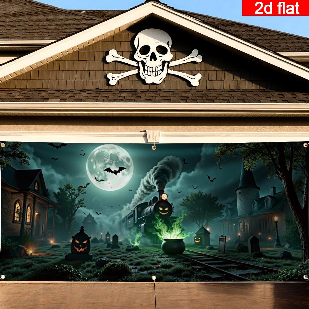 2D door flag, 1 scary Halloween garage door flag, spooky night scene with haunted house and train, glow-in-the-dark bats