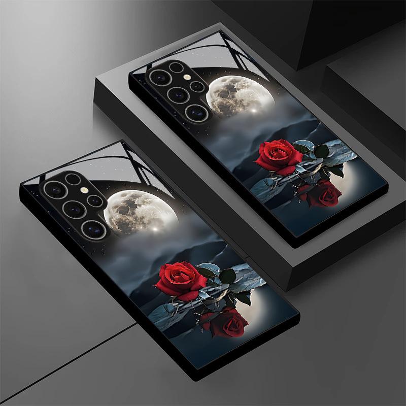 Moon Night Red Rose Pattern Glass Phone Case Suitable for Samsung Galaxy S26 S25 S24 S22 S21 S20 FE/Ultra/Plus Anti Drop