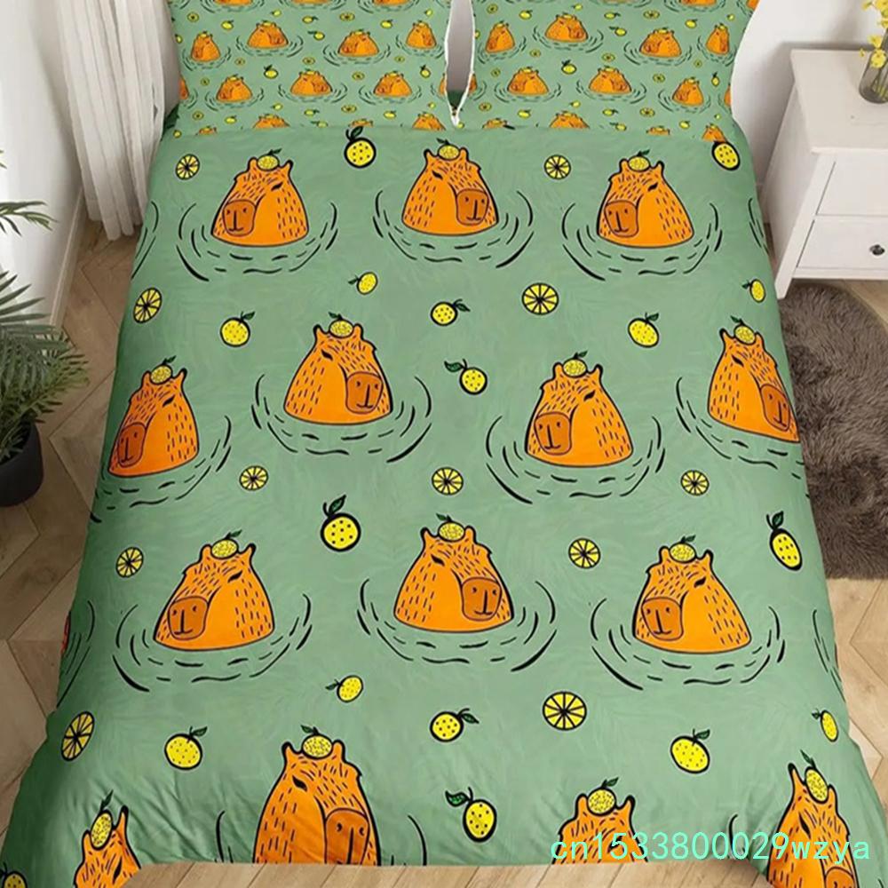 Niedliche Capybara-Druck Bettwäschesets Full Kawaii Honigbiene Bettbezug, Cartoon-Tiere Bettset Roter Liebesherz-Druck Bettbezug
