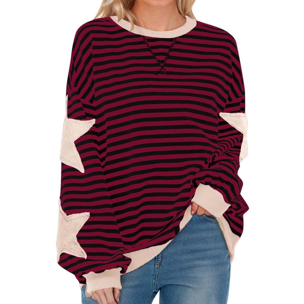 Women's Fashion Striped Star Print Round Neck Long Sleeved Pullover Color Blocked Pullover Sweatshirt Top