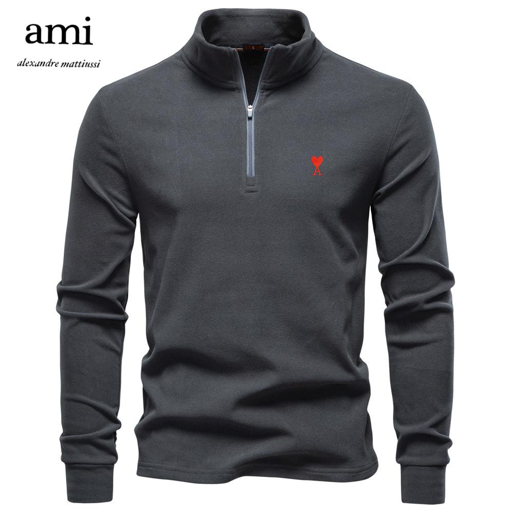 AMI 2025 Herfst/Winter Geborduurde Nieuwe Grote Heren Opstaande Kraag Halve Rits Lange Mouw Duits Velours Warme Basis Trui L